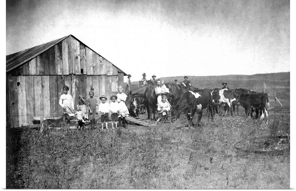 Vintage image of people and livestock on farm