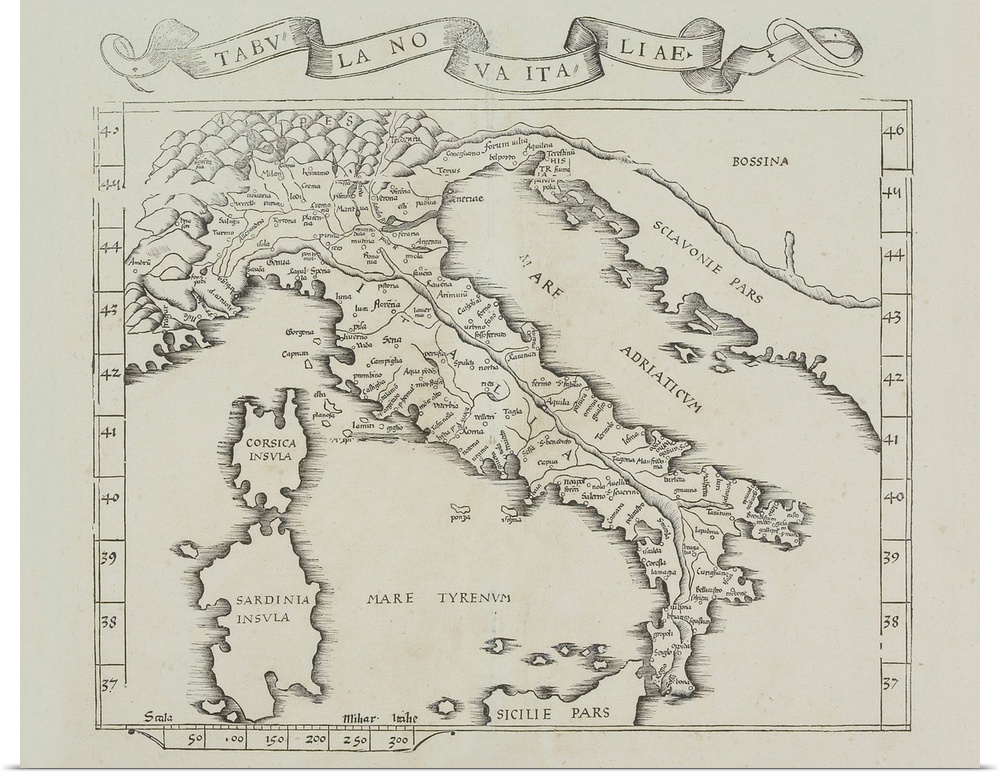 Antiqued map of the Italian peninsula on canvas.