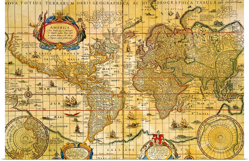 Photograph of an antique map of the world portraying the continents with latitude and longitude lines and symbols depictin...