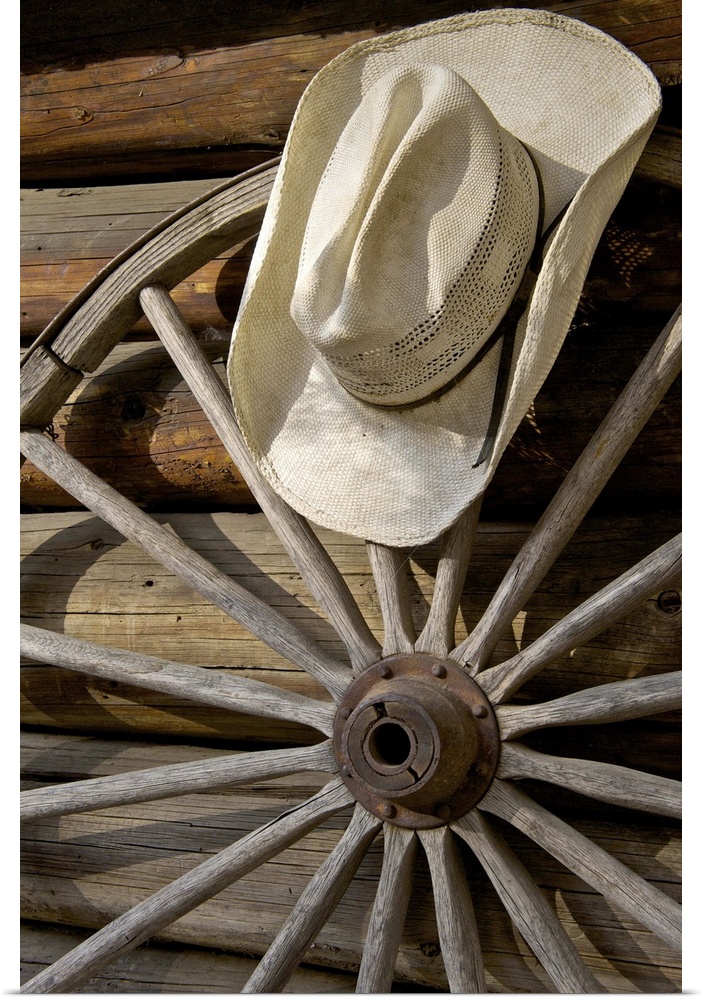 Wagon wheel and cowboy hat by log cabin, Merced Lake, High Sierra Camp, Yosemite, California, USA