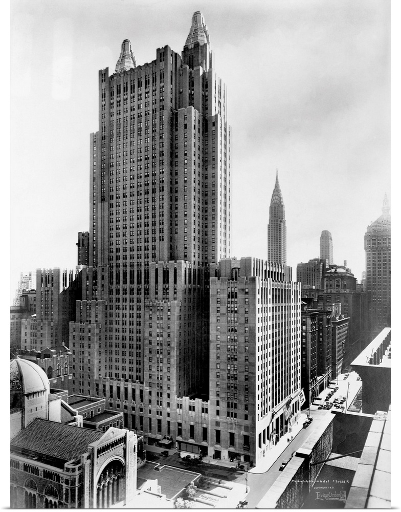 A view of the Waldorf-Astoria hotel with St. Bartholomew's Church in the foreground. ca. 1930-1950, New York City.