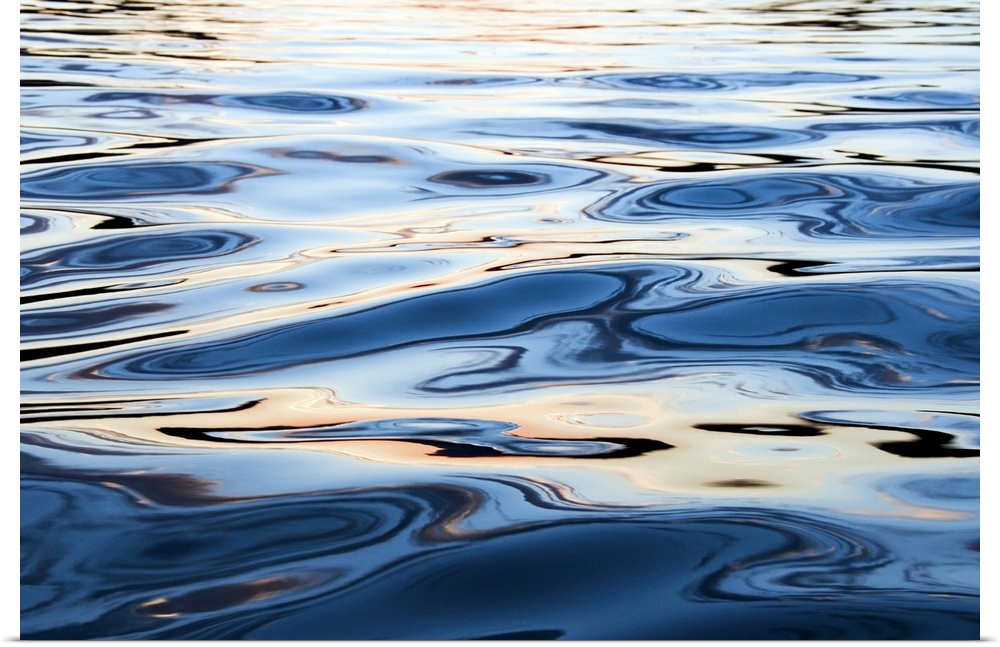 This is a close up nature photograph of the rippling surface of a body of water reflecting sunlight on its undulating surf...