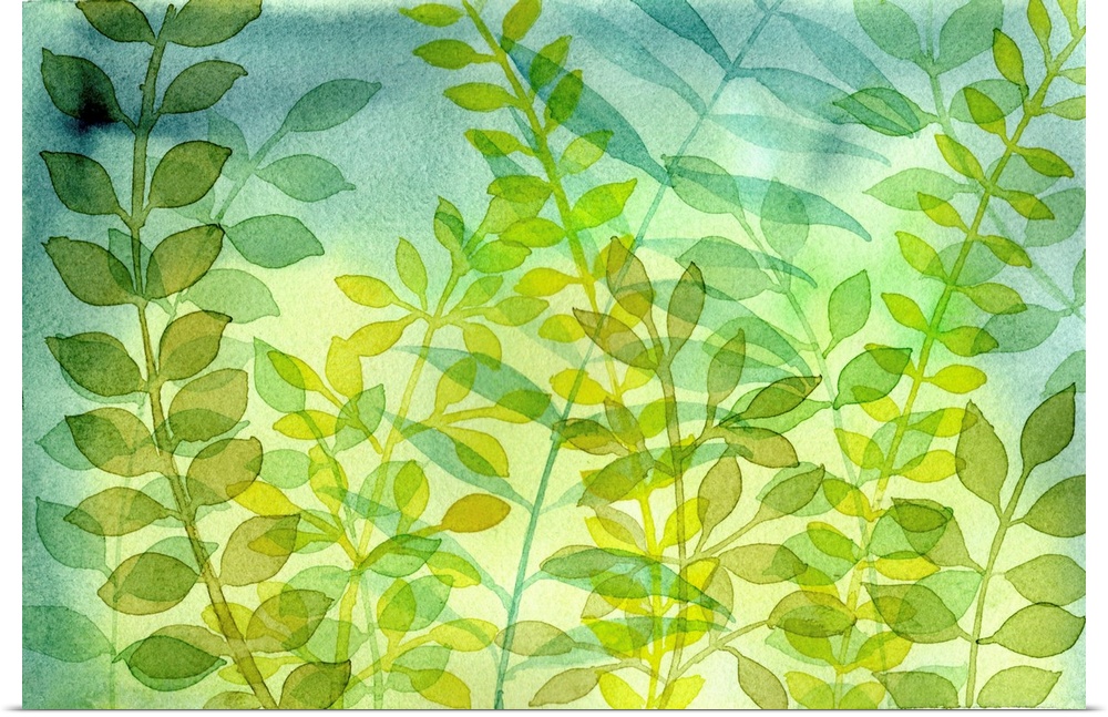 Dense leaves overlaid against a blue and green background.