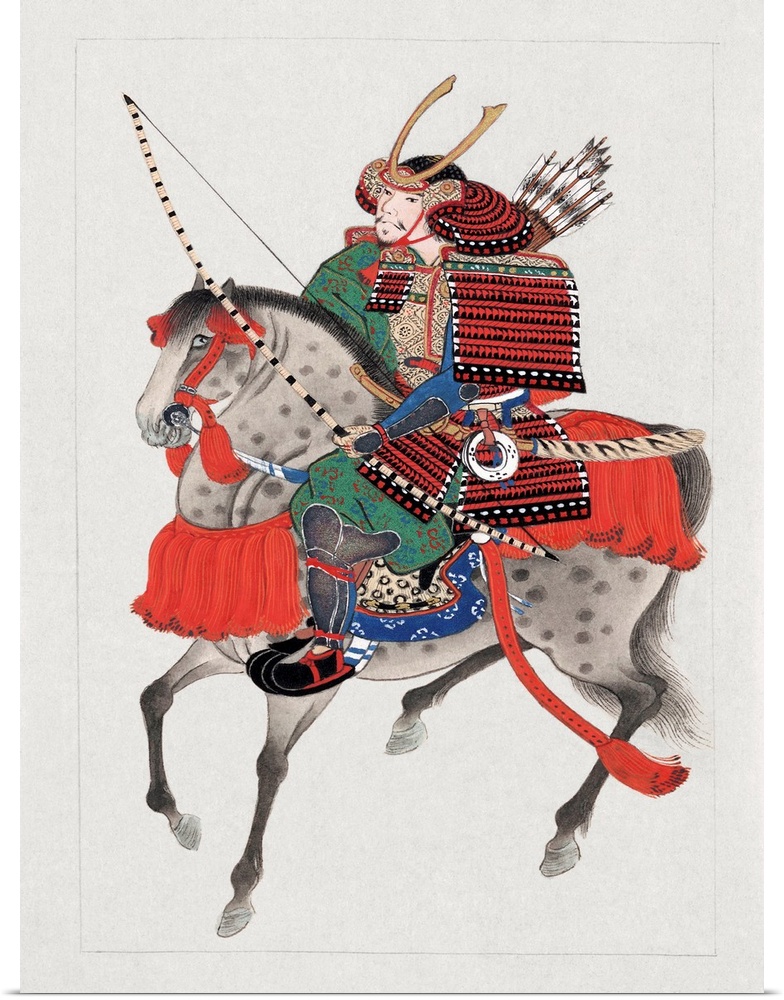 Watercolor painting of samurai soldier on horseback with full complement of armor and weapons. Watercolor and gold highlig...