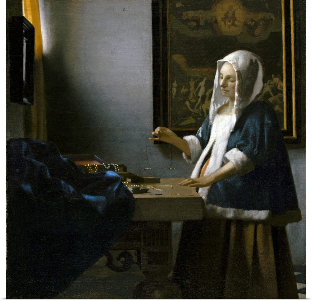 Johannes Vermeer (Dutch, 1632 - 1675), Woman Holding a Balance, c. 1664. Originally oil on canvas, National Gallery, Washi...