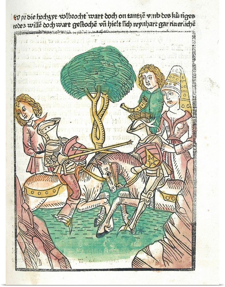 Illustration of Melusine watching as her champion meets a knight in joust, from a German version of the medieval French ro...