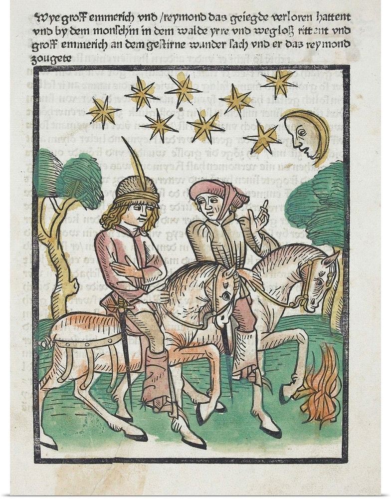 Illustration of two men travelling by horseback at night, from a German version of the medieval French romance Le Roman de...