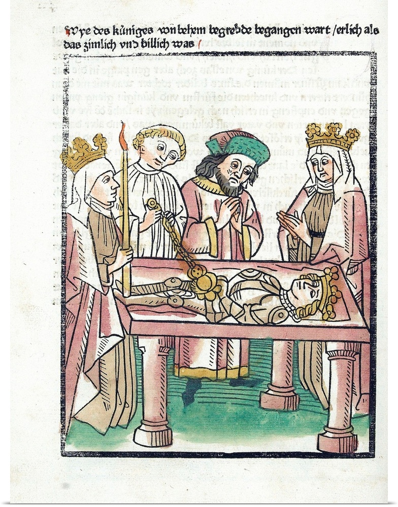 Illustration of Queen Melusine and her court mourning the fallen king, from a German version of the medieval French romanc...