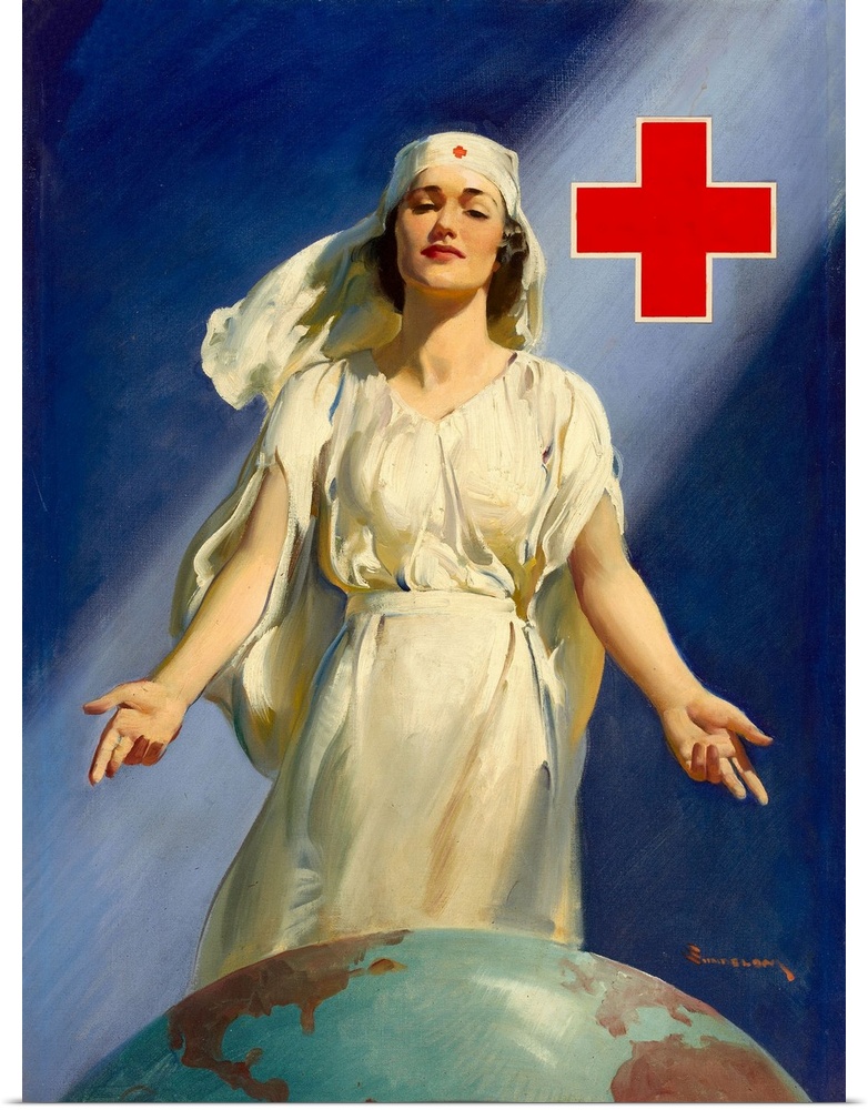 Original oil painting for a WWII Red Cross poster with Red Cross nurse standing with open arms over the globe of the world...
