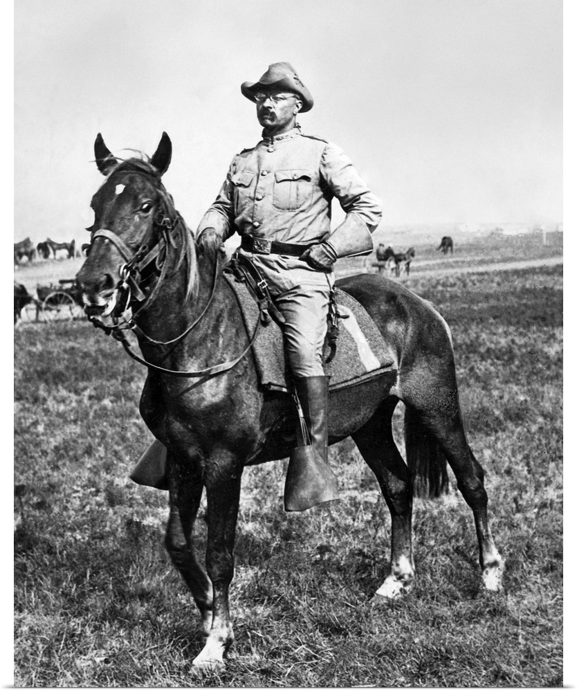 Young Teddy Roosevelt on horseback during the Spanish-American War. Photo.