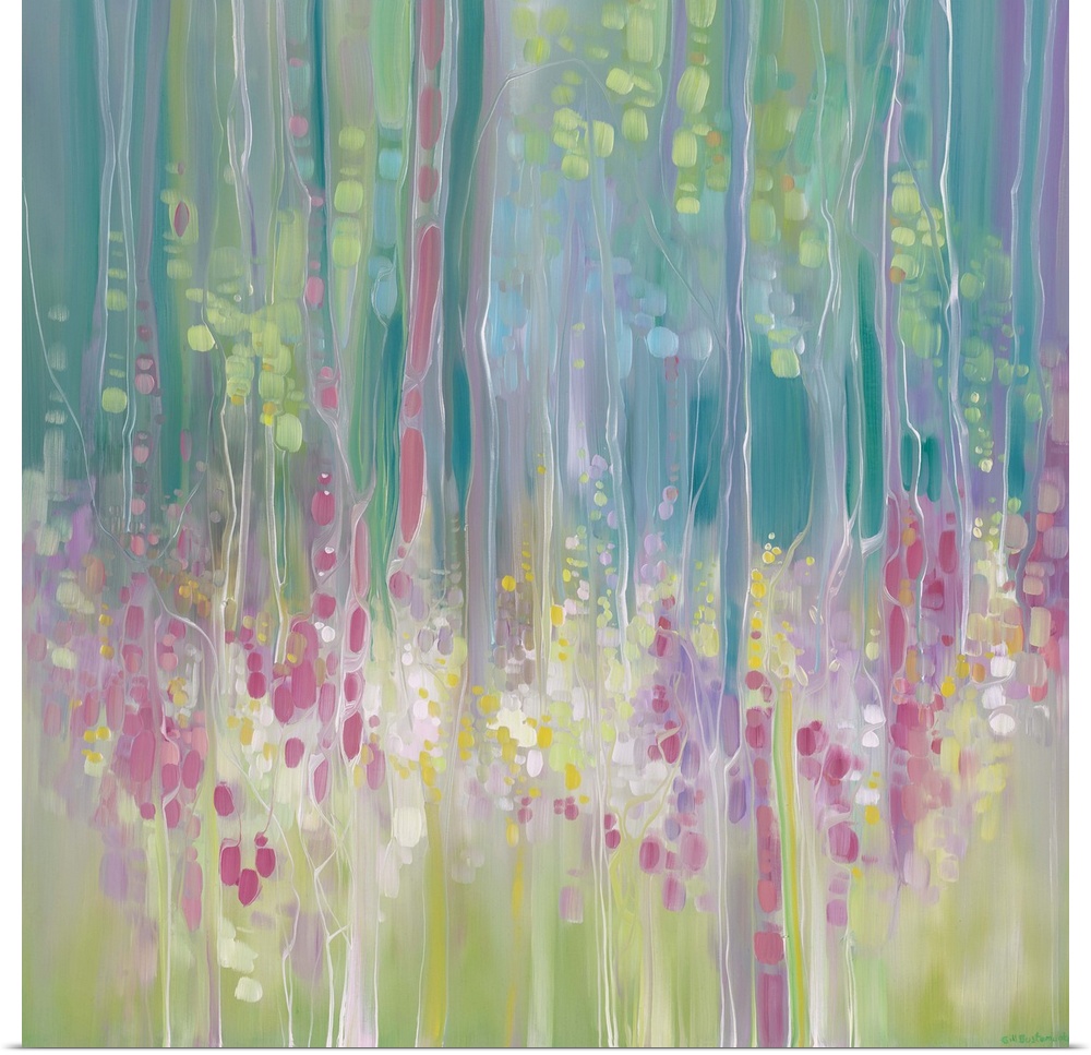 Watercolor painting of an ethereal field full of flowers next to a forest.