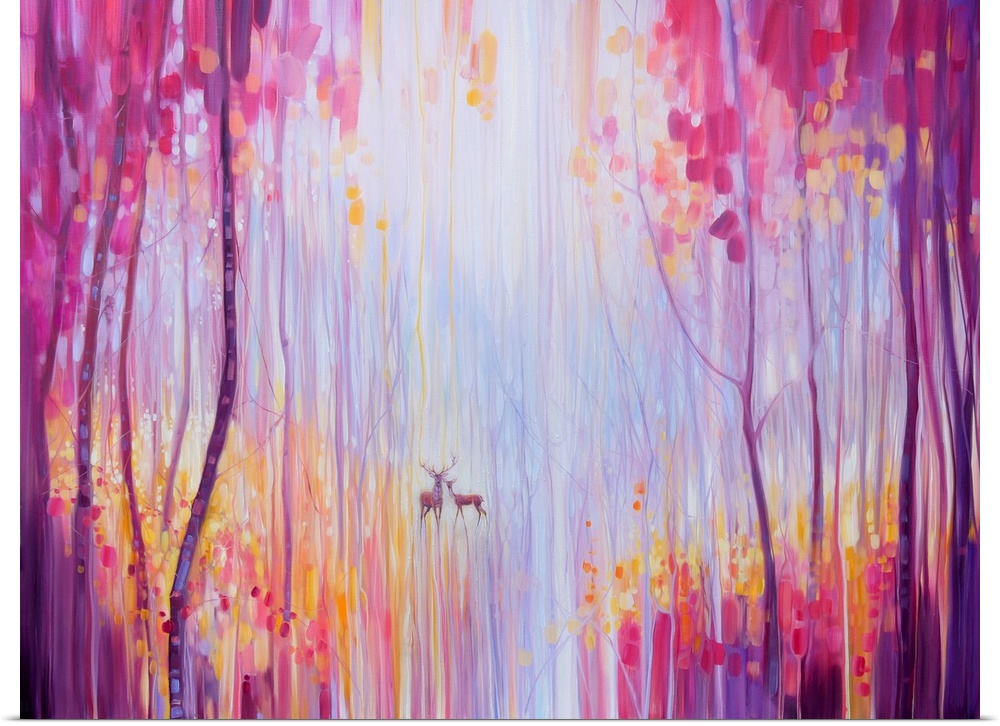 Watercolor painting of deer, deep within a colorful, dream-like forest.