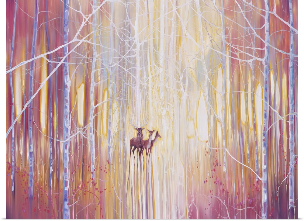 Watercolor painting of deer, deep within a colorful, dream-like forest.