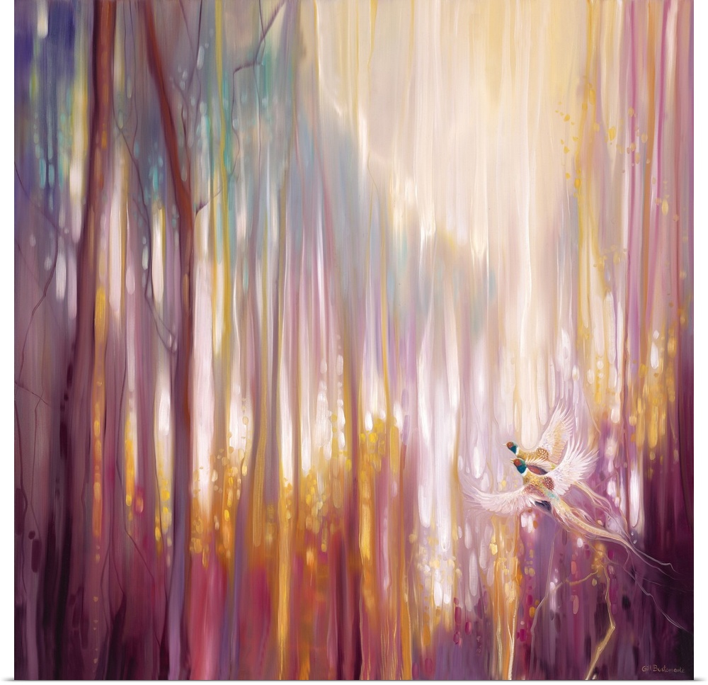 Watercolor painting of a dream-like forest in varies warm shades.