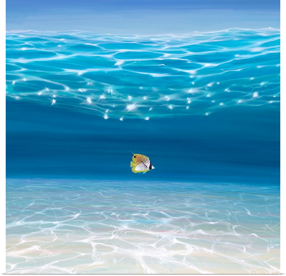 Painting of a single fish, deep within a blue sea.