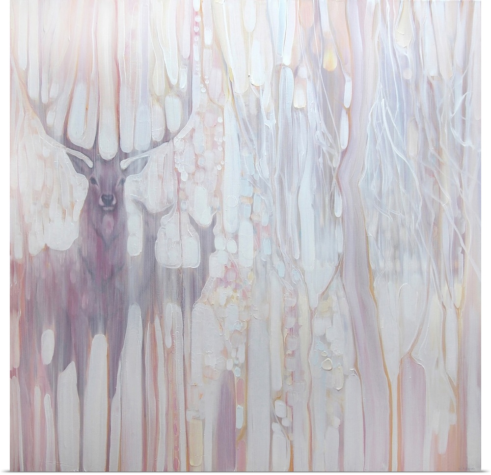 Watercolor painting of deer, deep within a muted, dream-like forest.