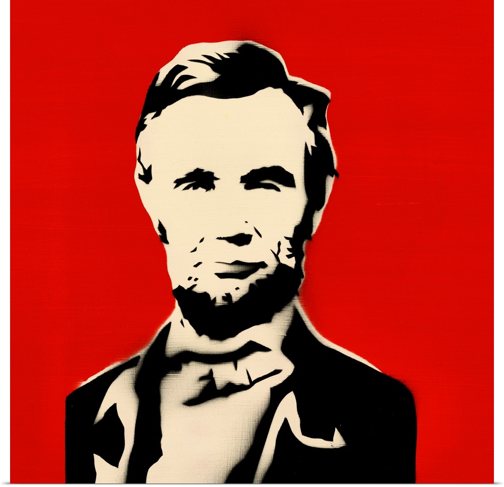 Square spray art of Abraham Lincoln on a bright red background.