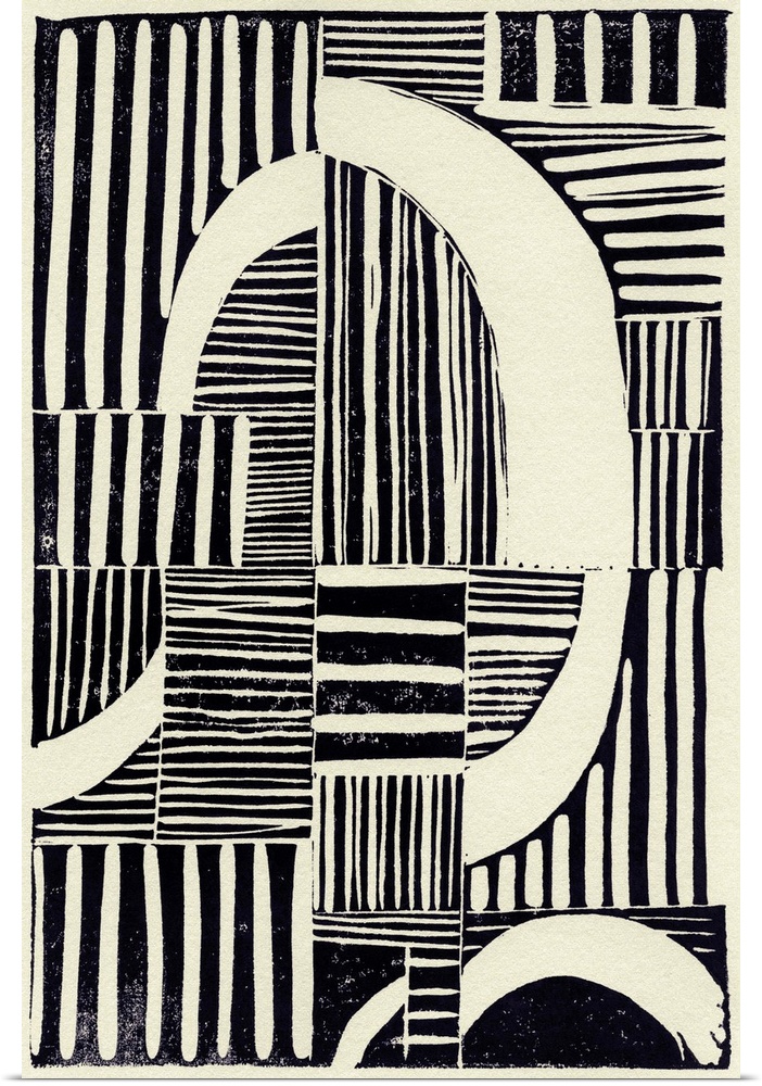 Abstract linocut print with stripes and geometric shapes.