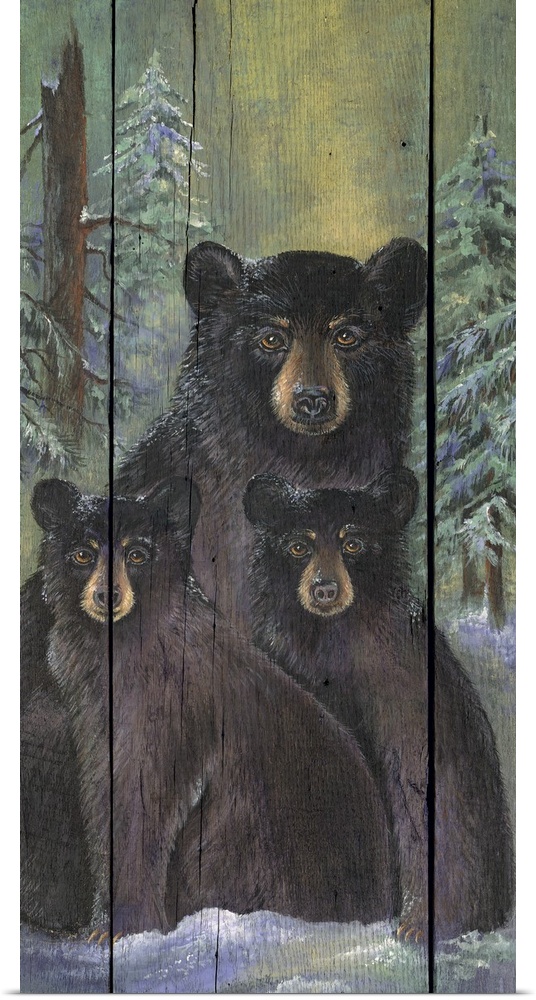 Vertical panoramic artwork of three bears in the snow with a forest behind them painted on wood planks.