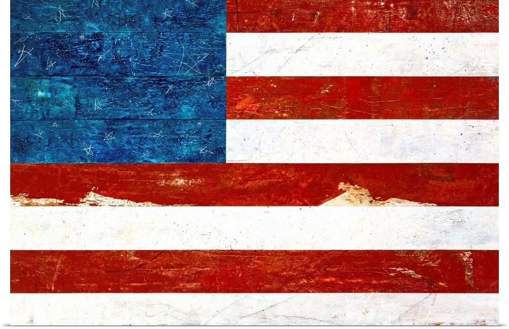 Rustic American flag painted on wood with the stars faintly etched in the paint.