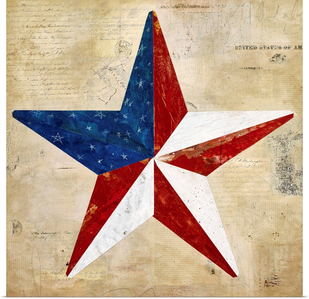 Folk art painting of a star in red white and blue on an antique style background created with mixed media.
