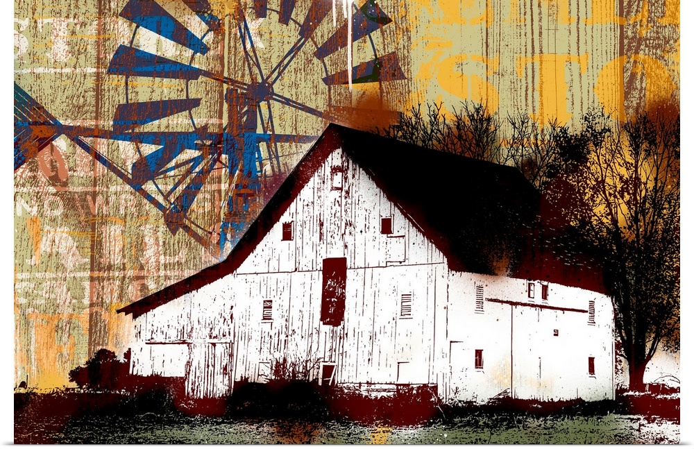 Oversized, landscape artwork of an old barn beneath a large, exaggerated windmill in the sky.  The image has a vintage loo...