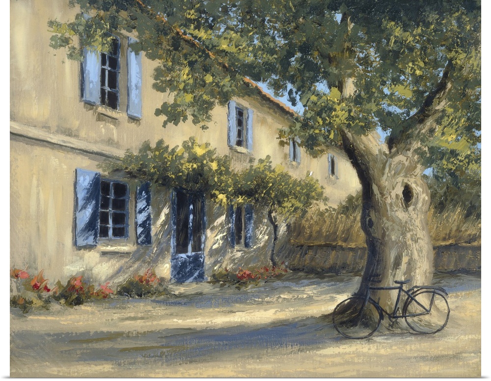 A European country home with a large tree in the front yard with a bicycle.
