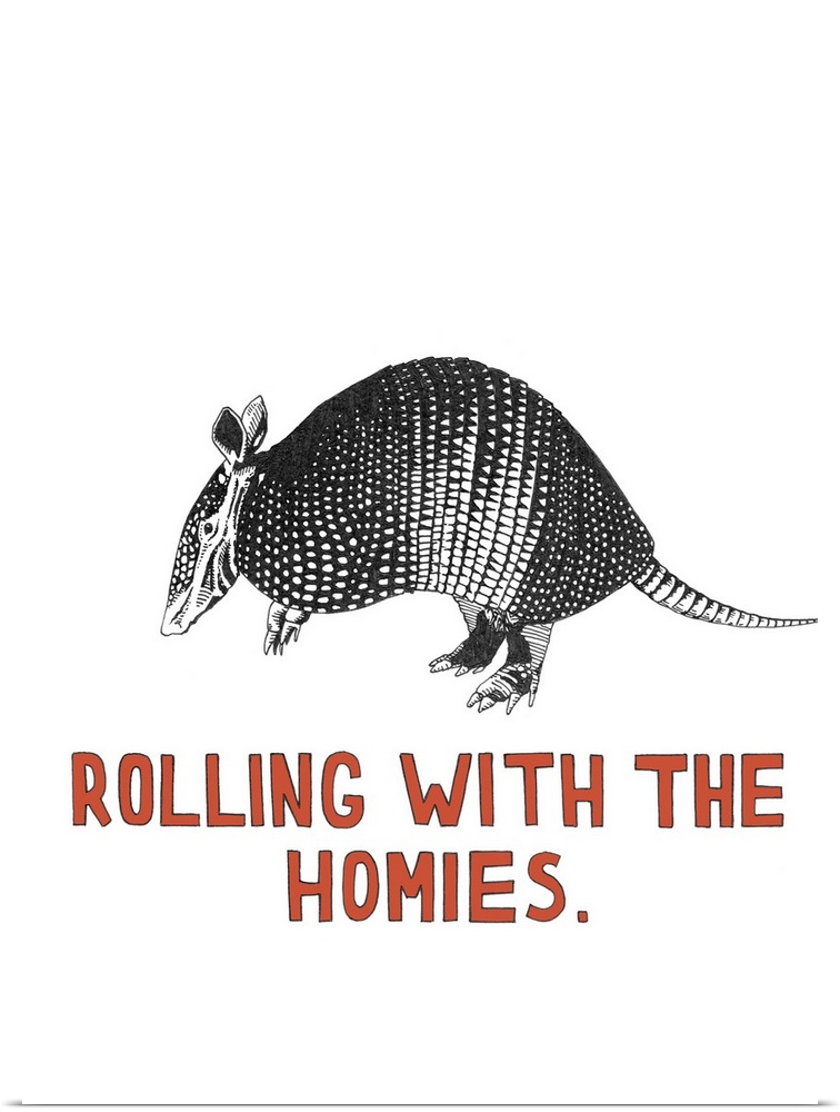 Black and white illustration of an armadillo with the phrase "Rolling With the Homies" handwritten at the bottom in red.