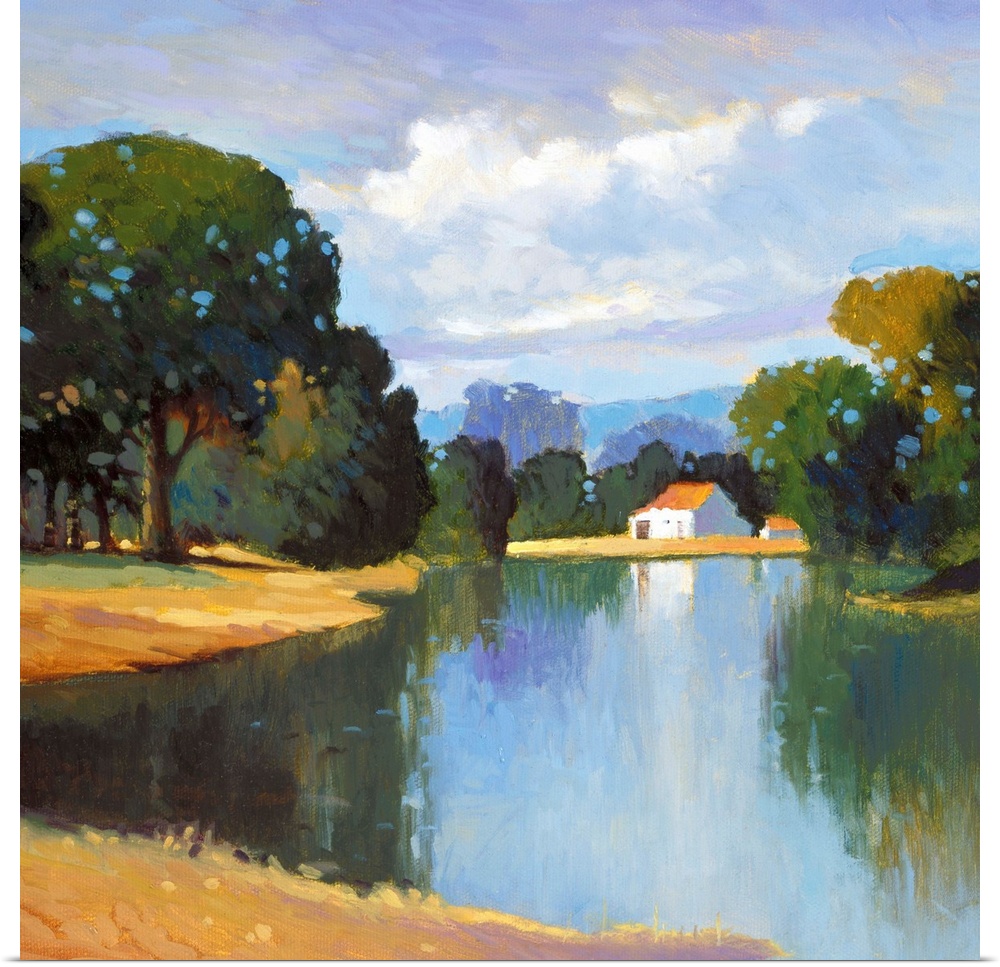 A contemporary painting of a countryside landscape with a white house in the distance.