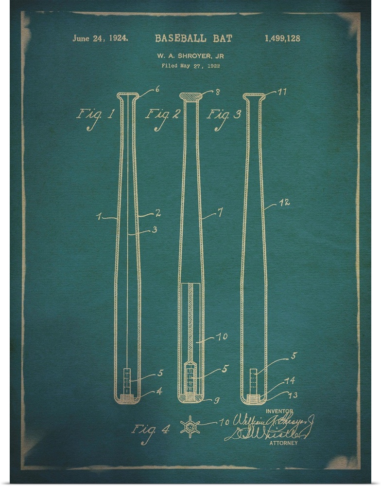 Blueprint diagram depicting the parts of a baseball bat.