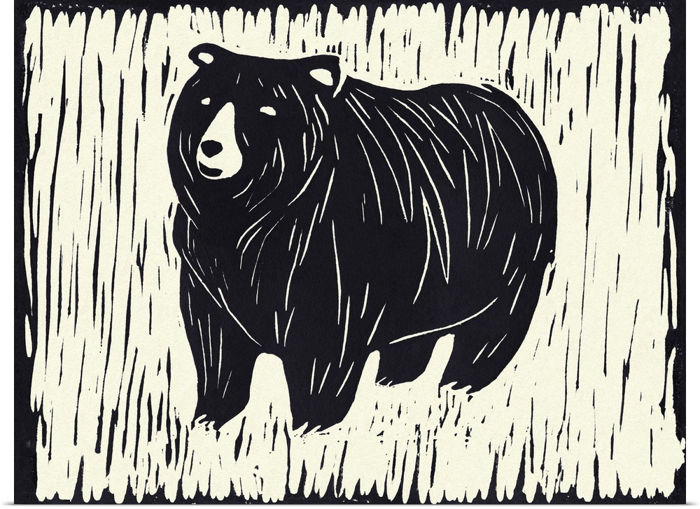 Cute linocut print illustration of a bear.
