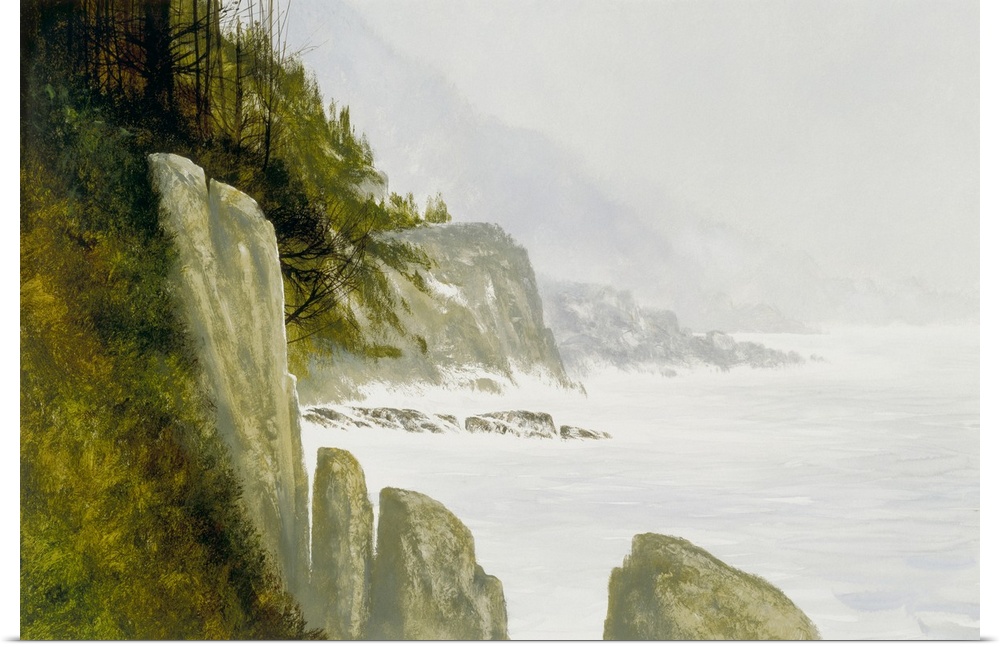 Contemporary painting of a rocky seaside with a misty background.