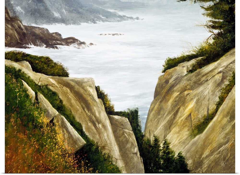 Contemporary painting of a rocky seaside.