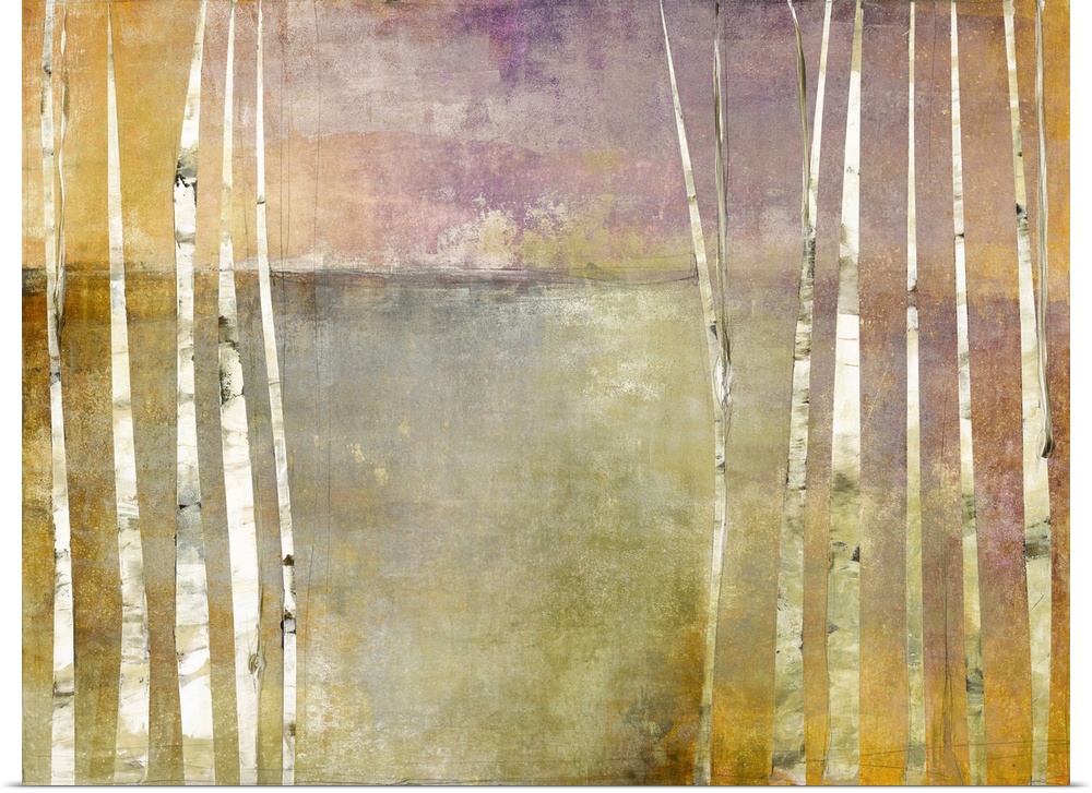 Contemporary abstract painting of long, vertical birch trees with a purple, orange, and grey background.