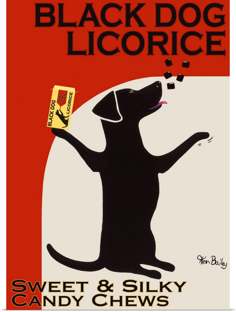 A retro piece of artwork that shows a dog throwing black licorice in the air and about to catch it with his tongue.
