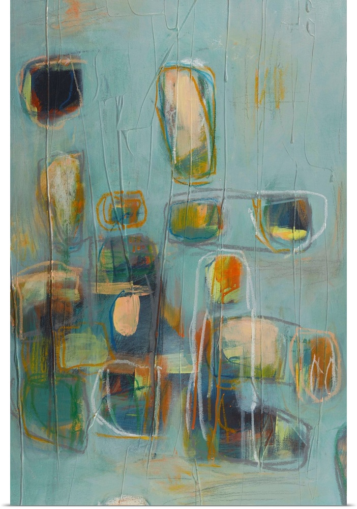 Retro mid-century style abstract painting using soft geometric shapes and muted colors.