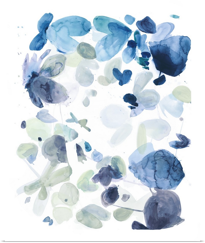 Watercolor painting of in shades of blue on white.
