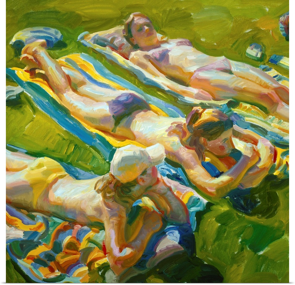 A contemporary painting of three women tanning.