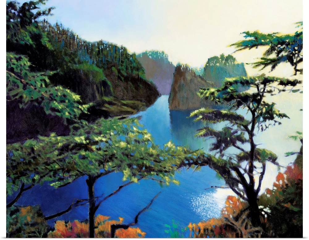 Contemporary painting of a rocky coast seen through the trees.