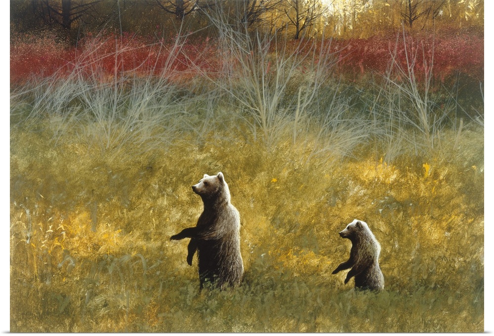 Contemporary painting of a brown bear and bear cub walking on two legs through an Autumn field.