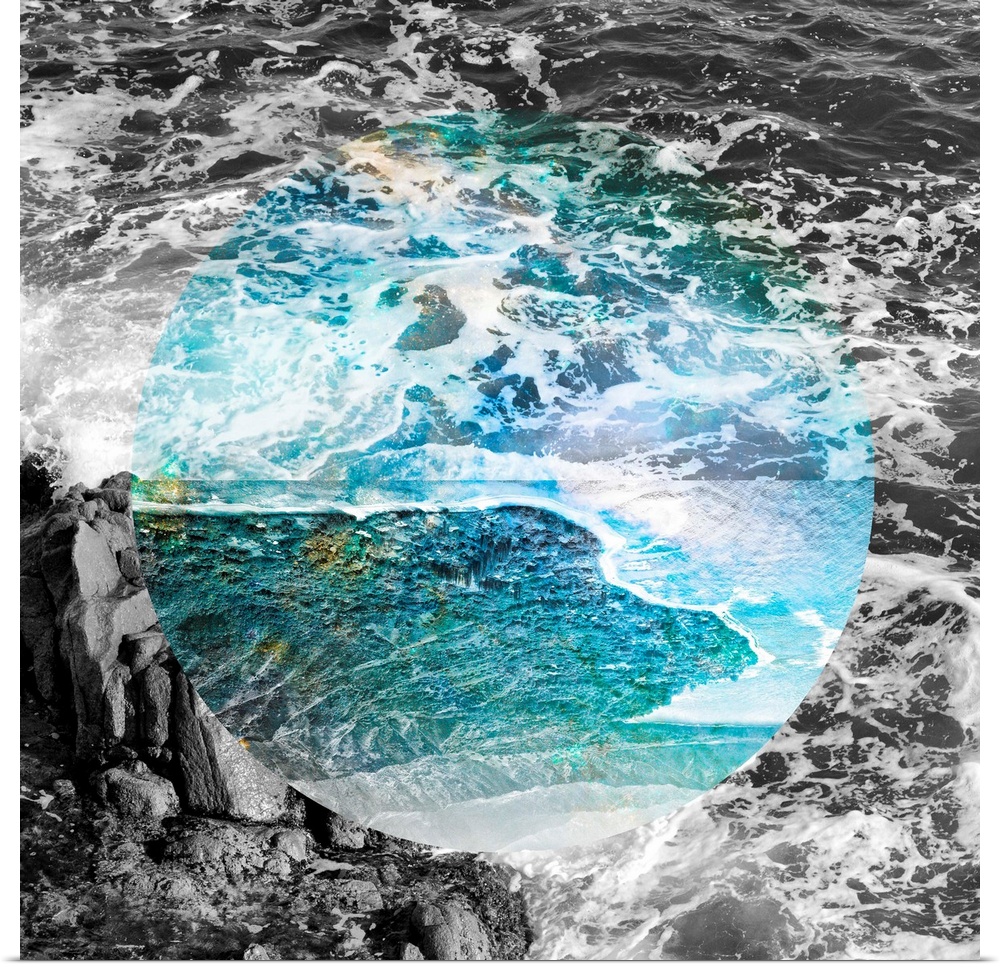 Black and white ocean waves with a circle of turquoise color in the center.