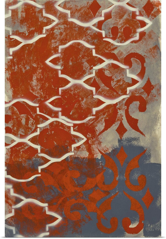 Contemporary abstract painting created with grey and red hues and repeating shapes.