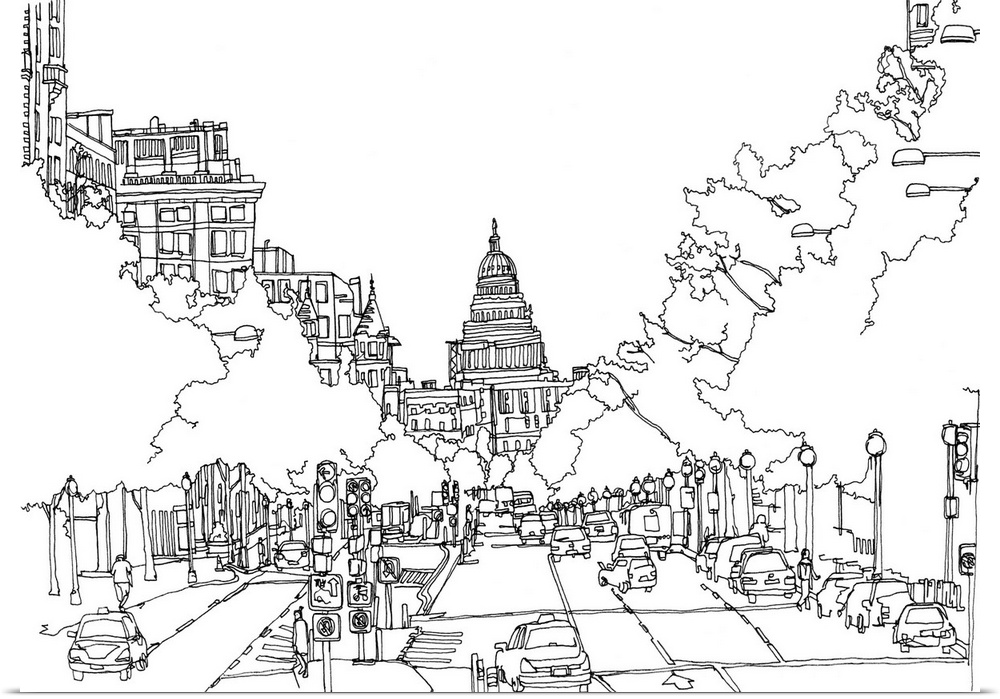 Black and white cityscape illustration of Washington DC.
