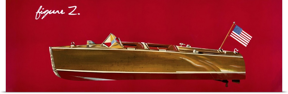 Contemporary painting of a brown motorboat with an American flag attached to the back on a bright red background.