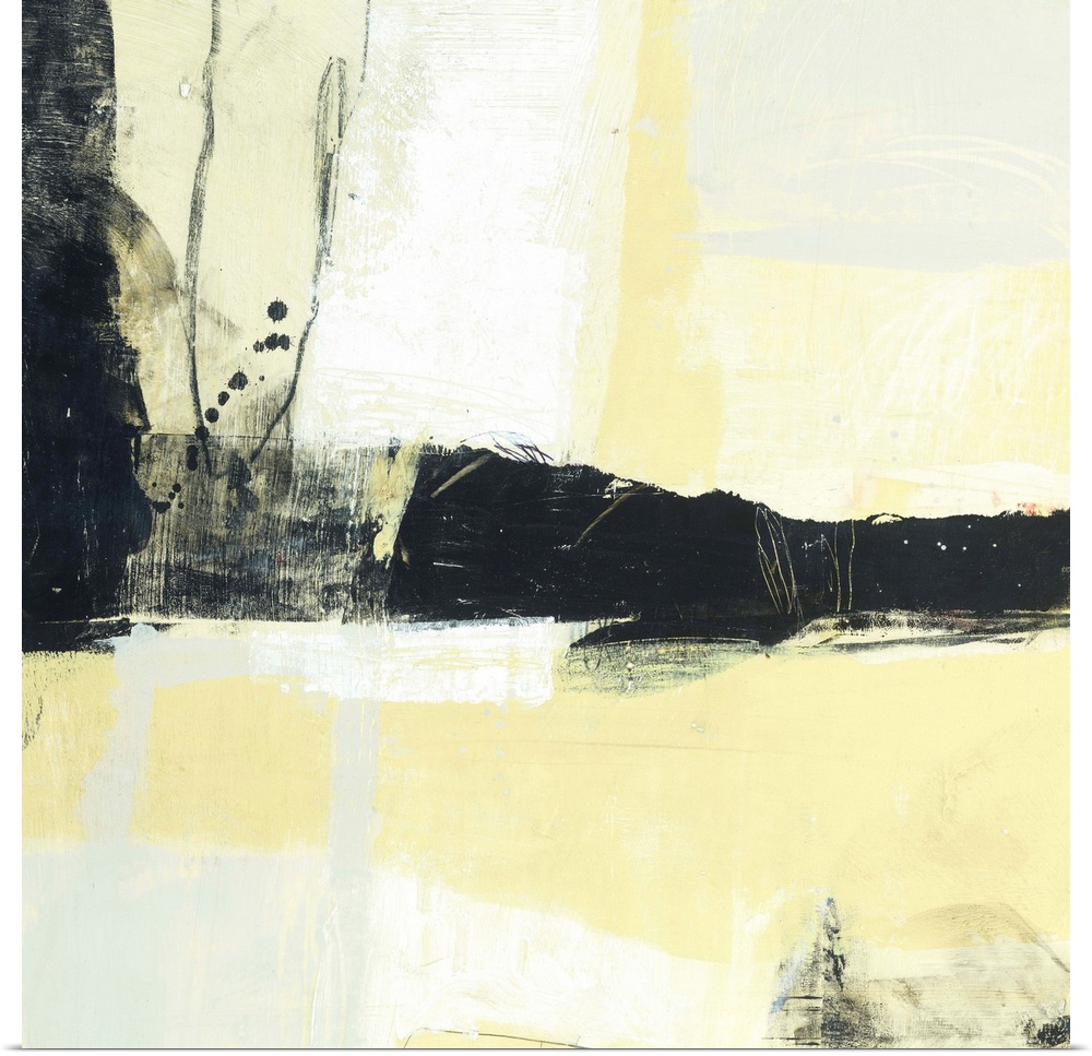 Contemporary abstract painting using pale yellow with black bold paint strokes.