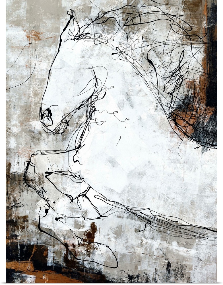 Contemporary abstract painting of a white horse created with black scribbled lines on a brown, white, grey,  and black bac...
