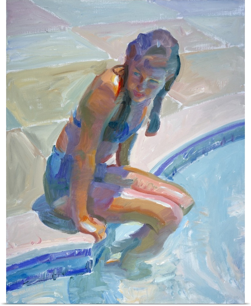 Painting of a young girl sitting on the edge of a pool.