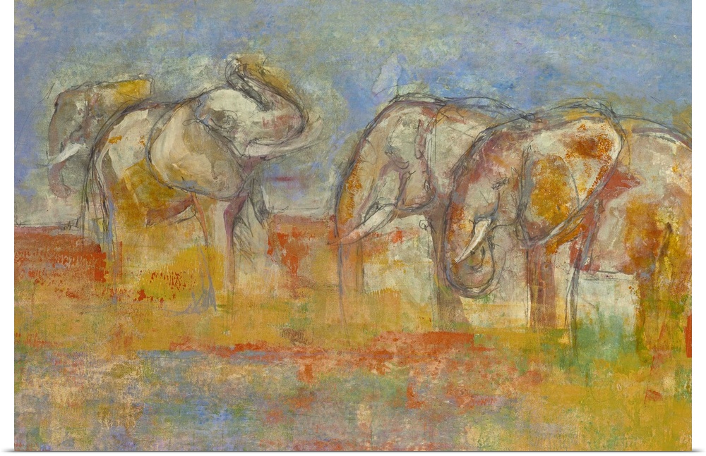 Contemporary abstract painting of four elephants in a colorful field made up of orange, blue, yellow, and green hues.