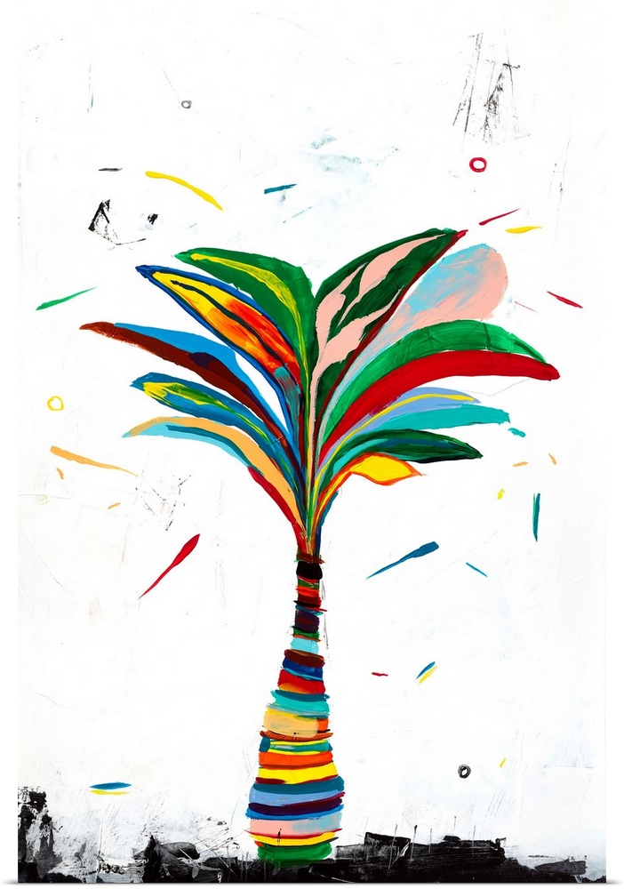 Abstract painting of a colorful palm tree on a white background with dashes of color.