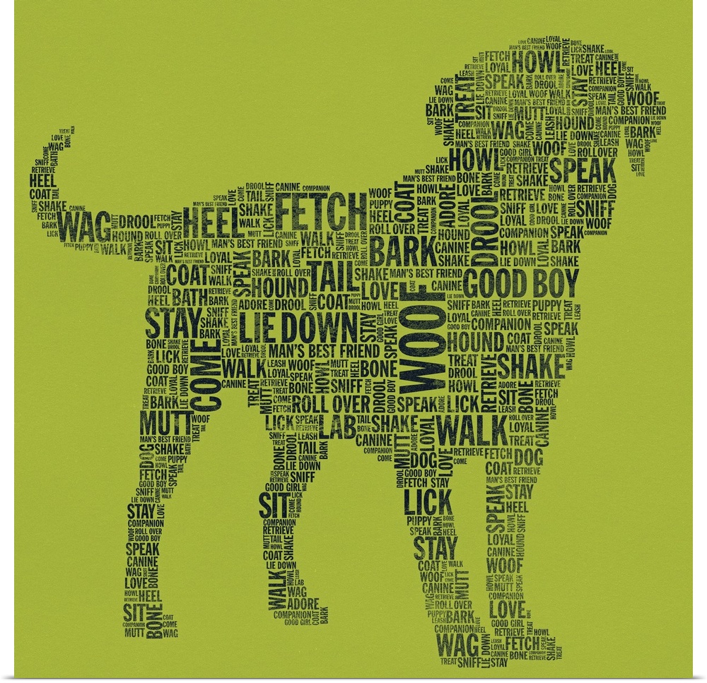 Huge illustration constructs the shape of a Labrador retriever filled in with different words describing dogs that include...